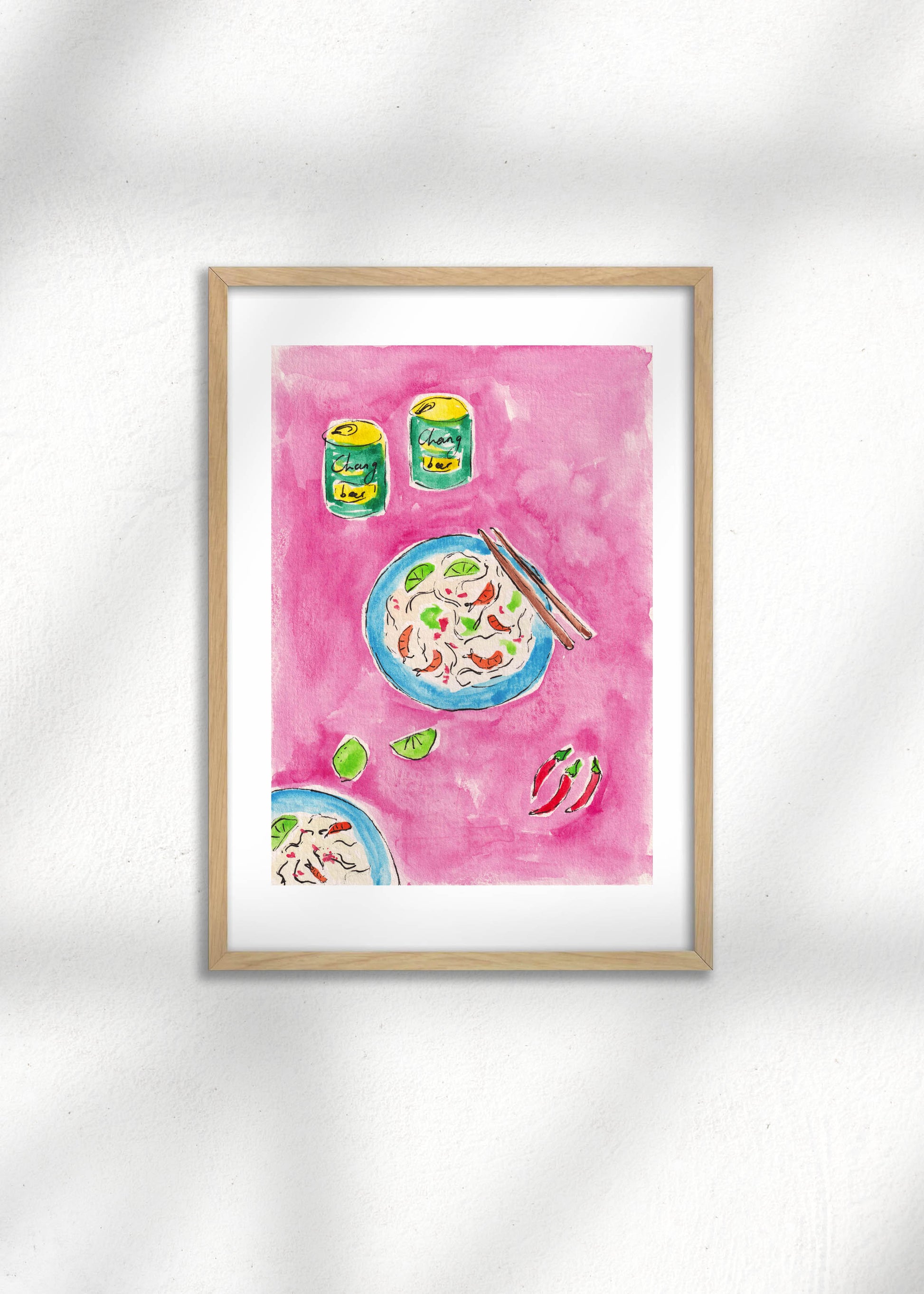 Framed art print of Pad Thai on a pink background