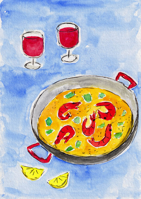 An Illustration of paella and red wine on a blue background, perfect as an art print for kitchen decor