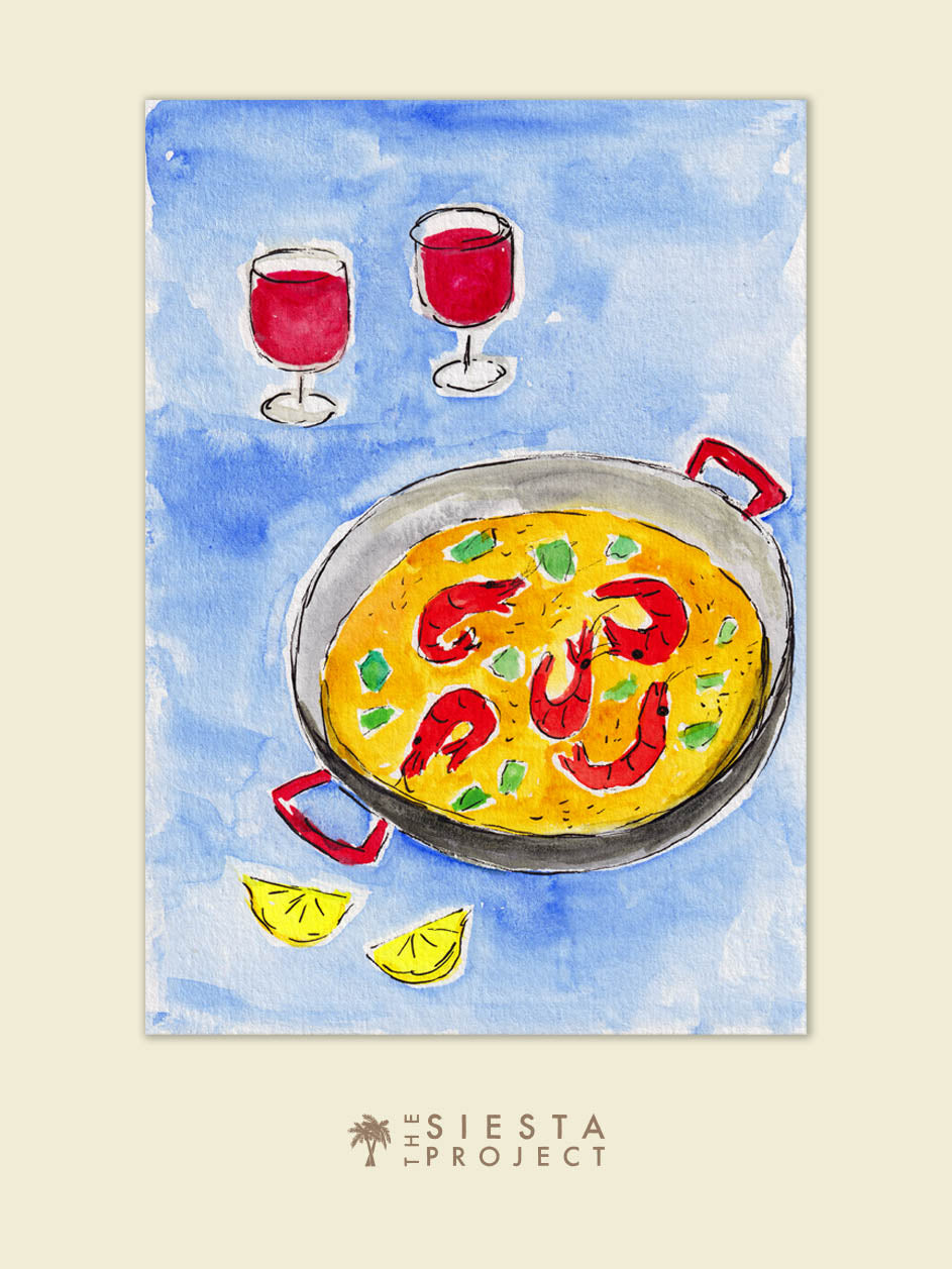 An Illustration of paella and red wine on a blue background, perfect as an art print for kitchen decor