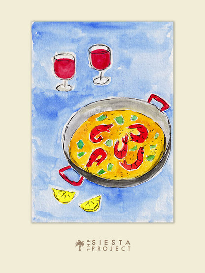An Illustration of paella and red wine on a blue background, perfect as an art print for kitchen decor