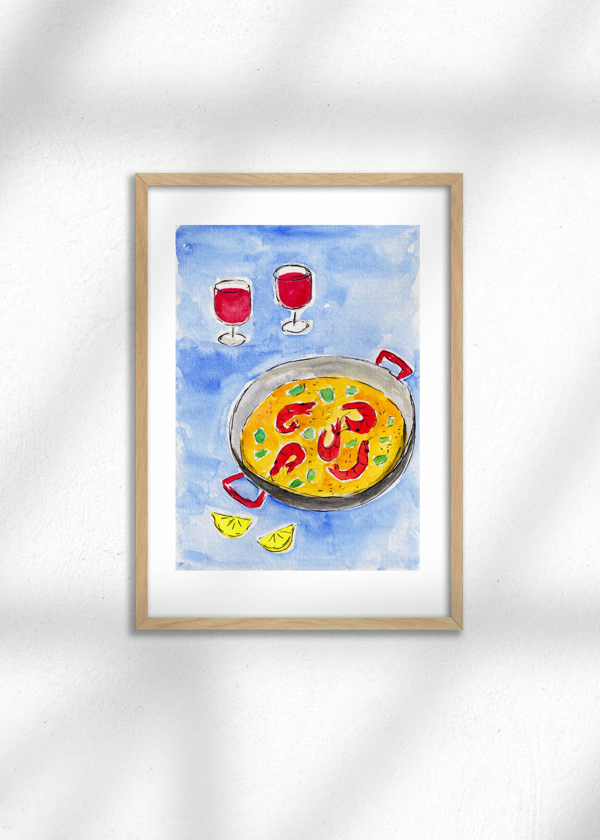 Framed Illustration of paella and red wine on a blue background, perfect as an art print for kitchen decor