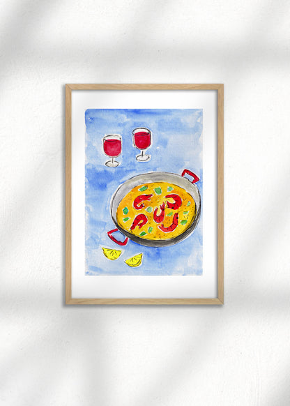 Framed Illustration of paella and red wine on a blue background, perfect as an art print for kitchen decor