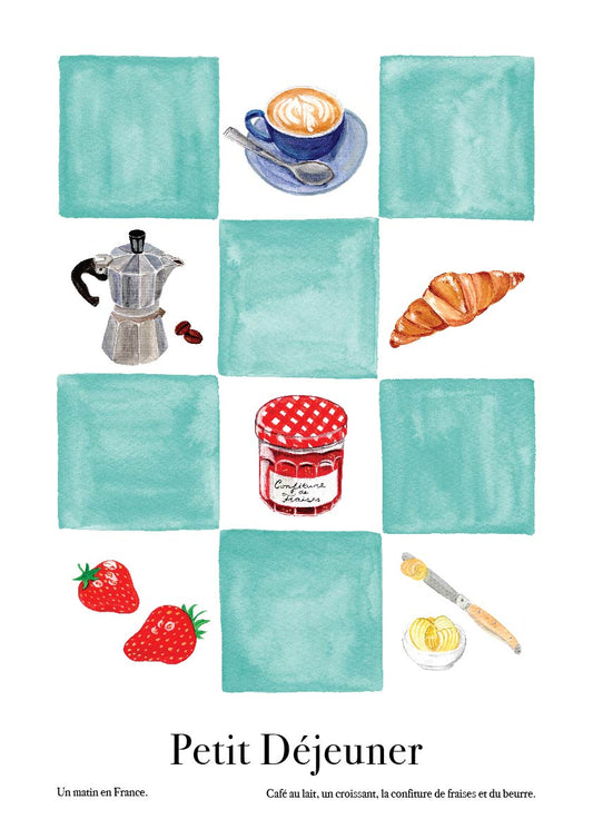 An art poster with water colour illustrations of blue checkers and breakfast elements. A cup of coffee, a moka, a croissant, a jar of jam, strawberries and butter. 
