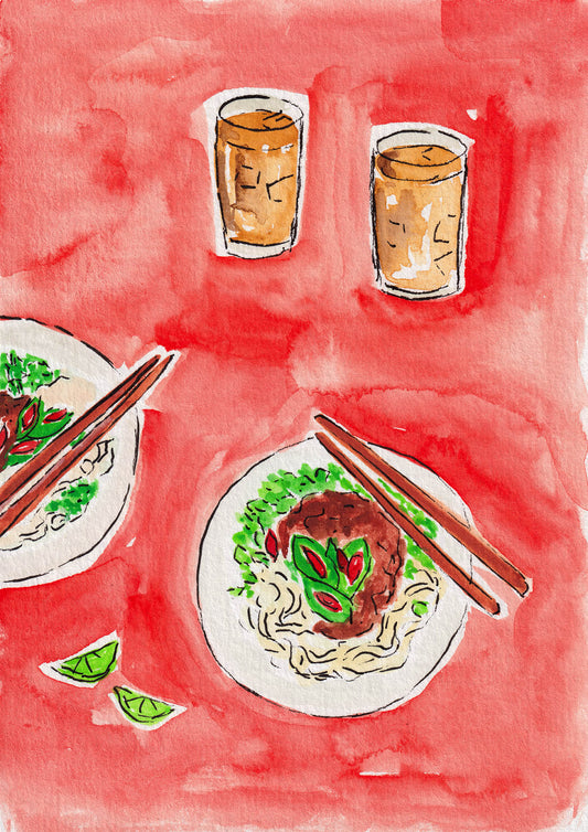 Illustration of Vietnamese Pho Bo and iced coffee on a red background, an art print for kitchen decor