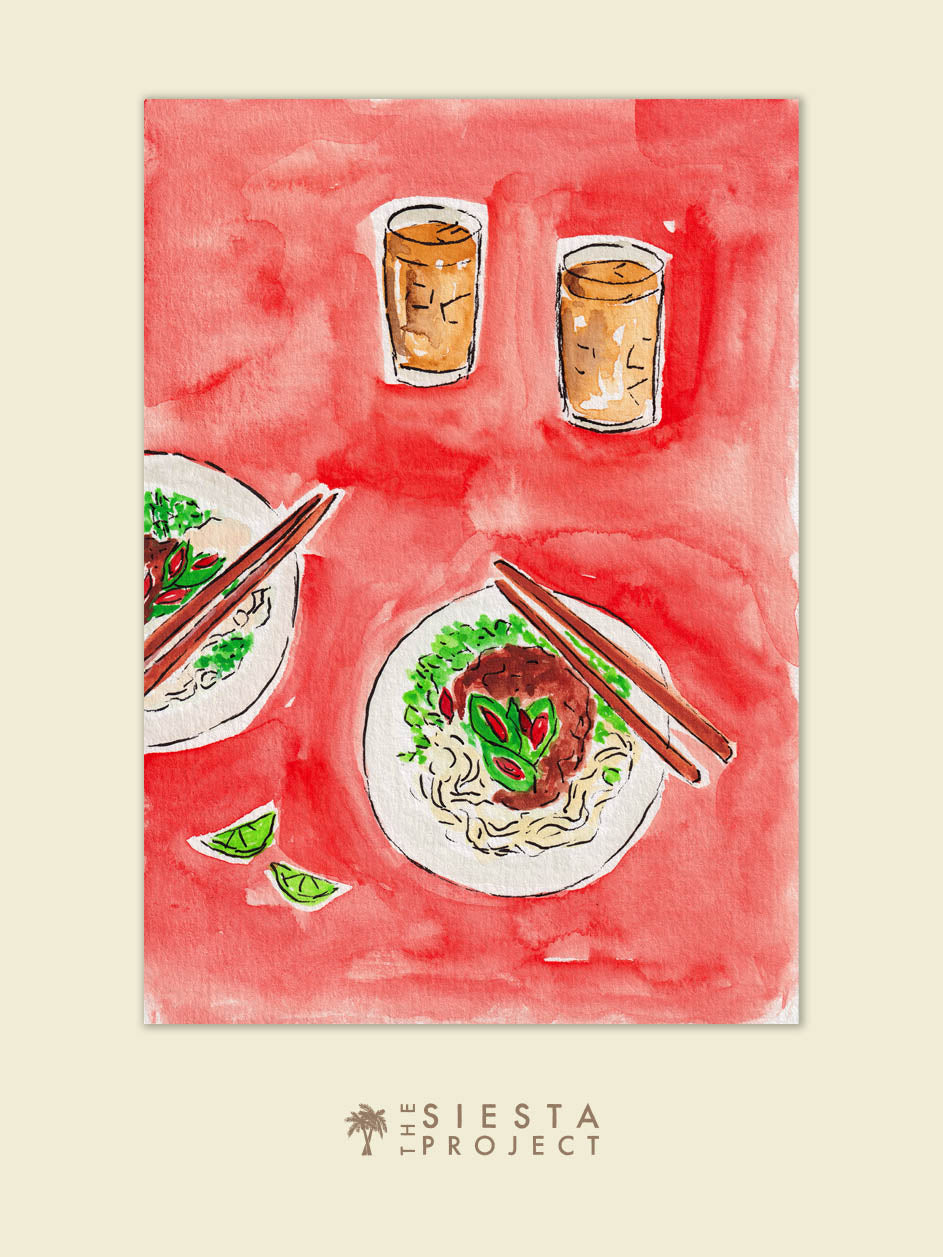 Illustration of Vietnamese Pho Bo and iced coffee on a red background, an art print for kitchen decor