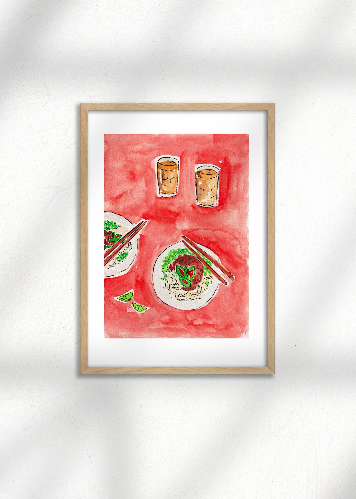 A framed Illustration of Vietnamese Pho Bo and iced coffee on a red background, an art print for kitchen decor