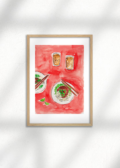 A framed Illustration of Vietnamese Pho Bo and iced coffee on a red background, an art print for kitchen decor