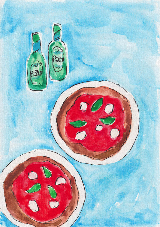 Italian Art print of two pizzas and beers on a blue background, perfect for restaurant and kitchen decor
