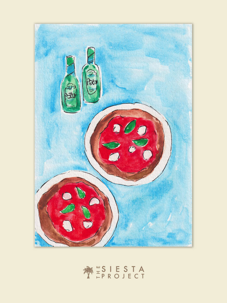 Italian Art print of two pizzas and beers on a blue background, perfect for restaurant and kitchen decor