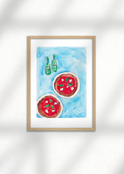 A framed Italian Art print of two pizzas and beers on a blue background, perfect for restaurant and kitchen decor