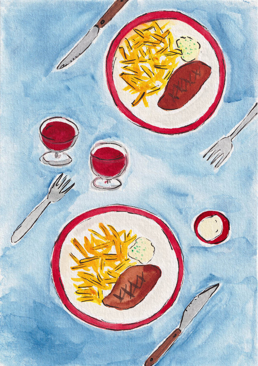 Illustration of a meal with plates of food, glasses of red wine, and cutlery on a blue background. French Food Art Print