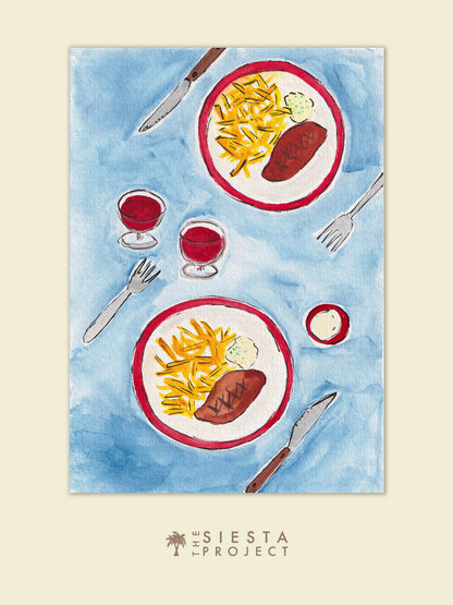 llustration of a meal with plates of food, glasses of red wine, and cutlery on a blue background. A French food art print