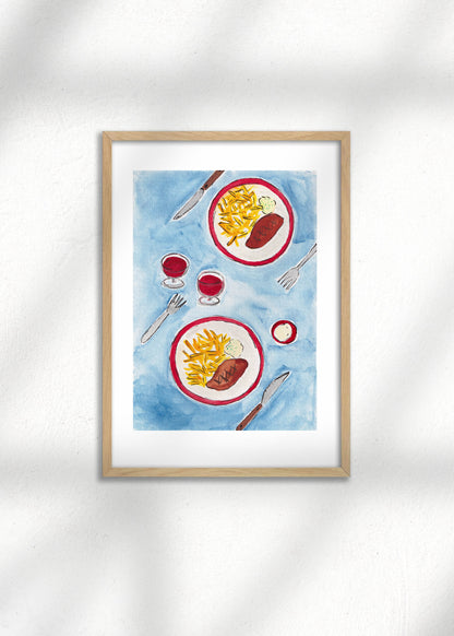 A framed French Food Art Print. Illustration of a meal with plates of food, glasses of red wine, and cutlery on a blue background. 