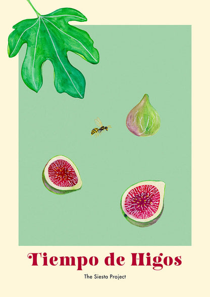 An Art print with a painting of figs, a wasp, a leaf and text saying Tiempo de Higos on a green background