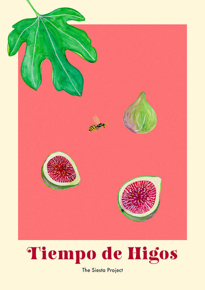 Illustration of figs, a leaf, and a wasp on a red/pink background with 'Tiempo de Higos' text.