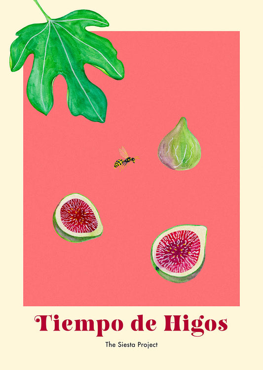 Illustration of figs, a leaf, and a wasp on a red/pink background with 'Tiempo de Higos' text.