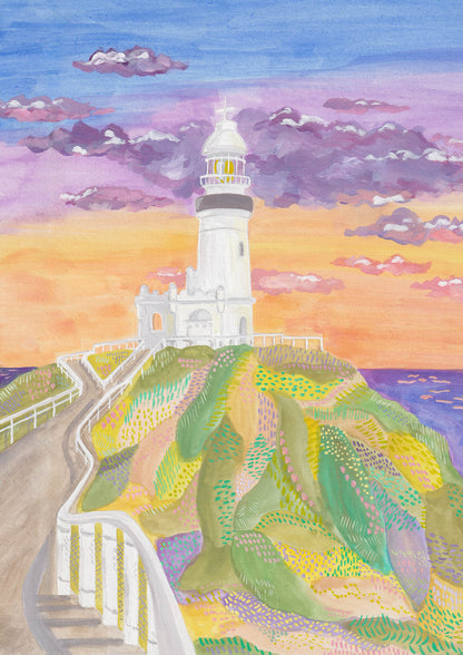 A Travel Art Print that shows the lighthouse in Byron Bay, Australia in dreamy sunrise colours.