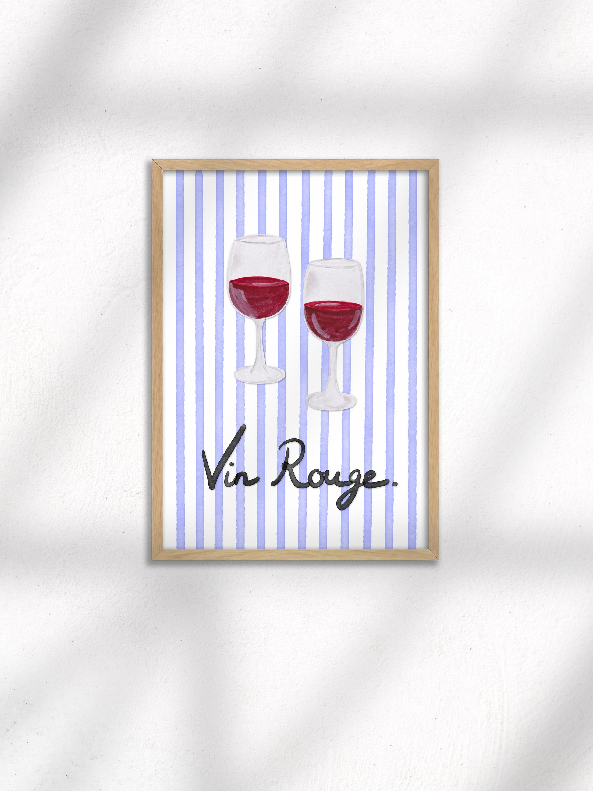 Framed artwork with two wine glasses and 'Vin Rouge' text on a striped background.