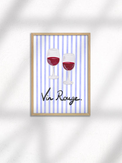 Framed artwork with two wine glasses and 'Vin Rouge' text on a striped background.