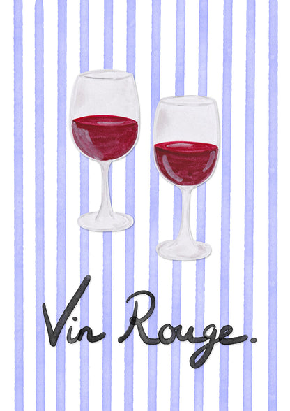 Two wine glasses filled with red wine on a blue striped background with 'Vin Rouge' text.
