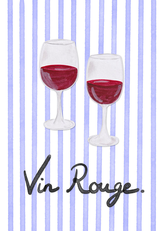 Two wine glasses filled with red wine on a blue striped background with 'Vin Rouge' text.
