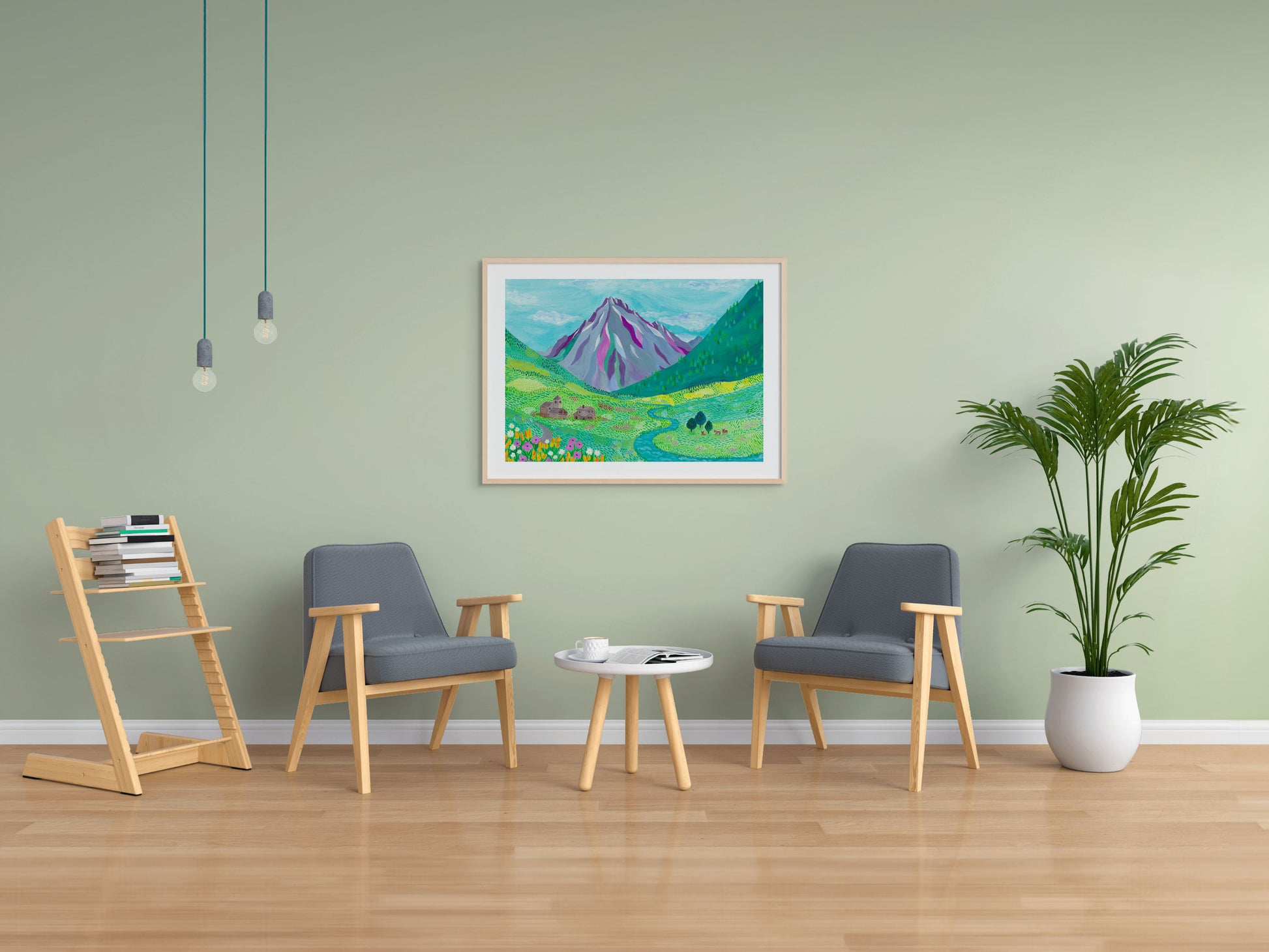 A living room with an art print of a mountain landscape in Andorra on the wall