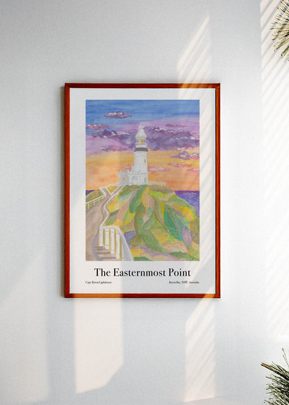 A framed art poster with the Byron Bay Australia lighthouse and the text: "The Easternmost Point"