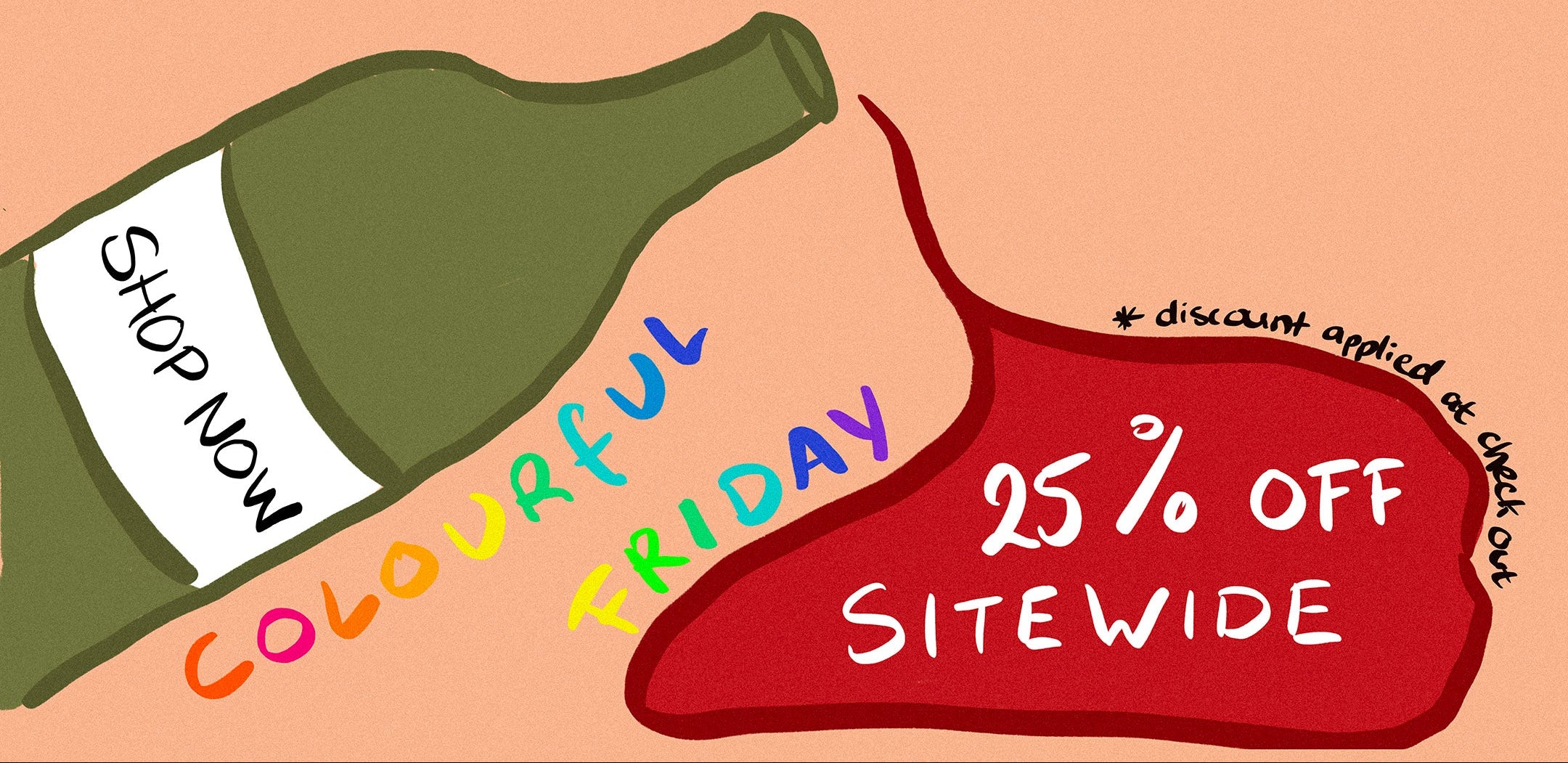 Promotional graphic with a wine bottle and colorful text on a beige background