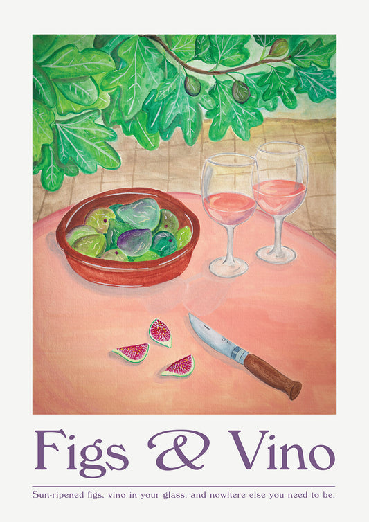 Illustration of figs in a bowl with wine glasses and a knife on a table, surrounded by green leaves.