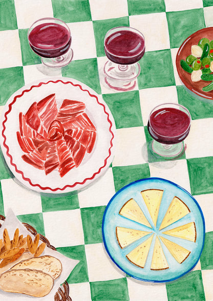 Illustration of Spanish food and wine on a green and white checkered tablecloth