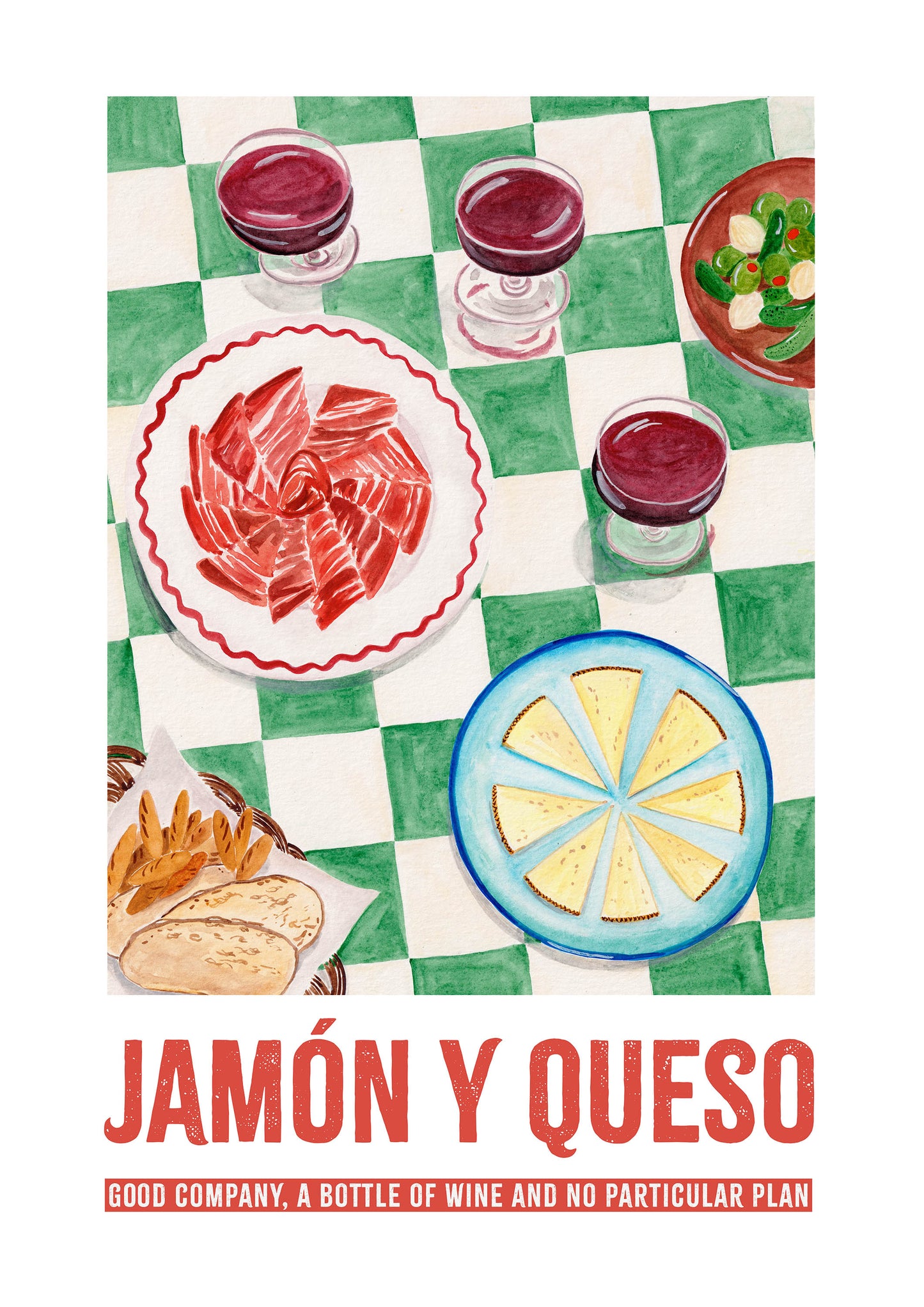 Illustration of Spanish Jamón y Queso with plates of ham, cheese, and glasses of wine on a checkered tablecloth.