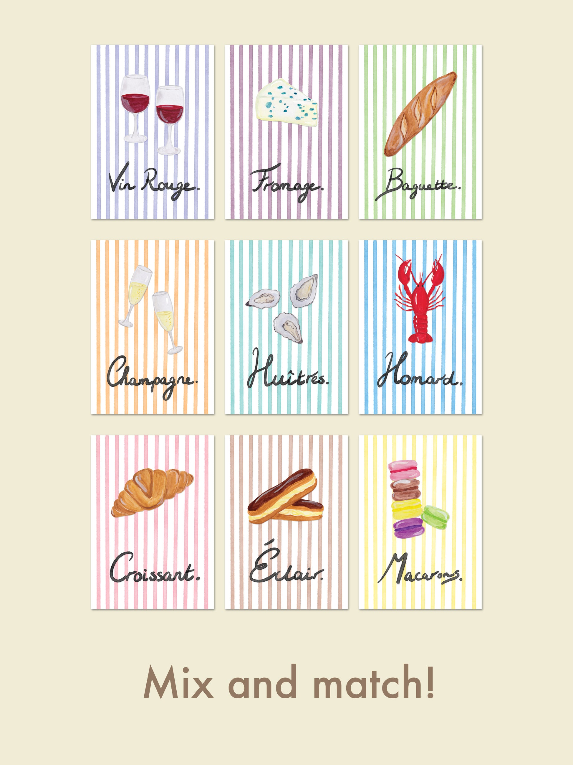 A collection of Art Prints of French Food and Drinks on colourful stripes