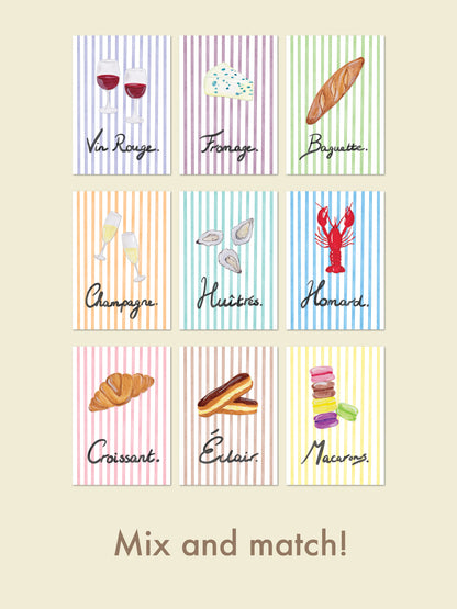 A collection of Art Prints of French Food and Drinks on colourful stripes